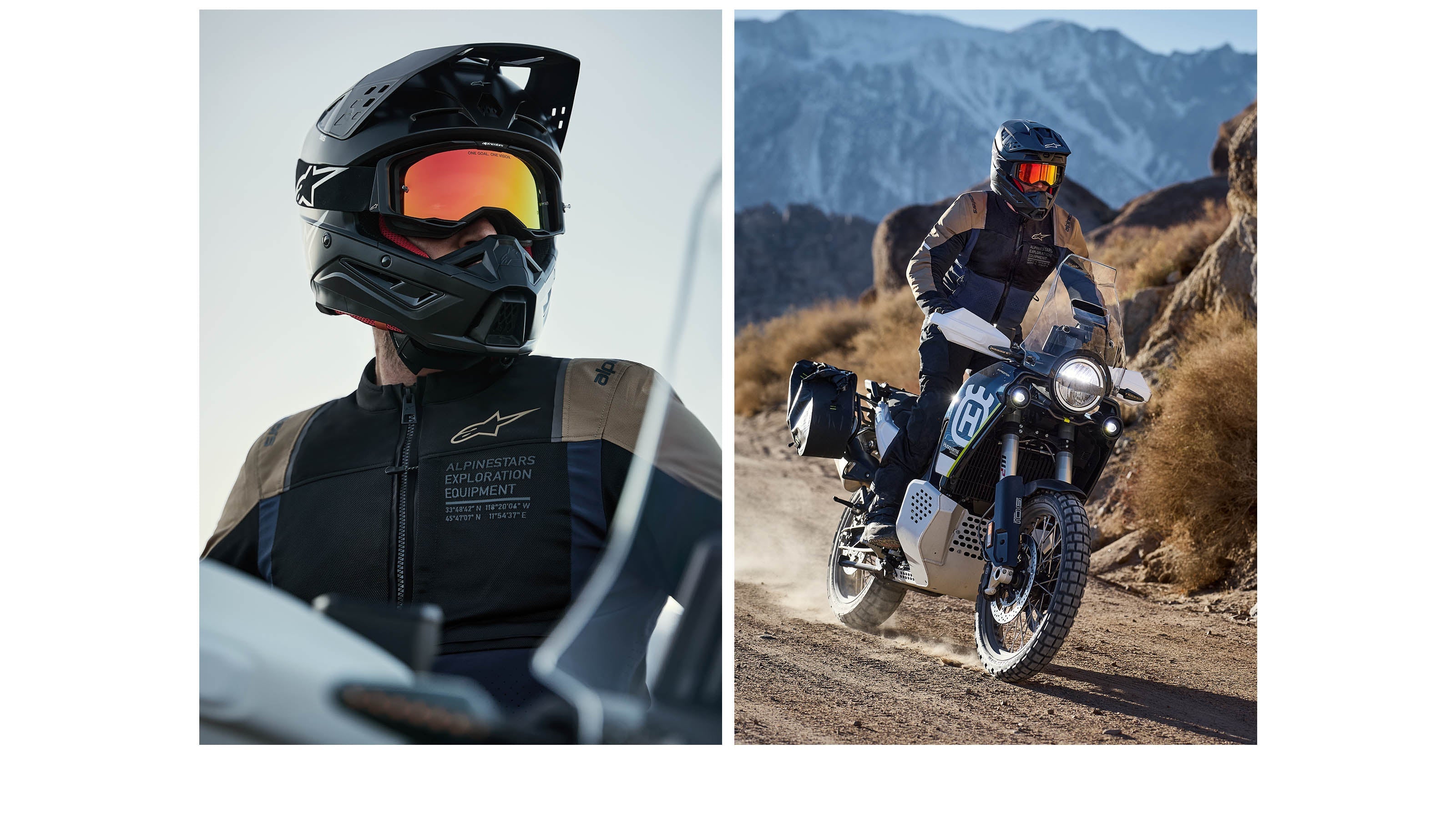 Alpinestars ST-2 Air Jacket, gray mesh adventure touring motorcycle jacket, on a rider on an off-road desert trail.