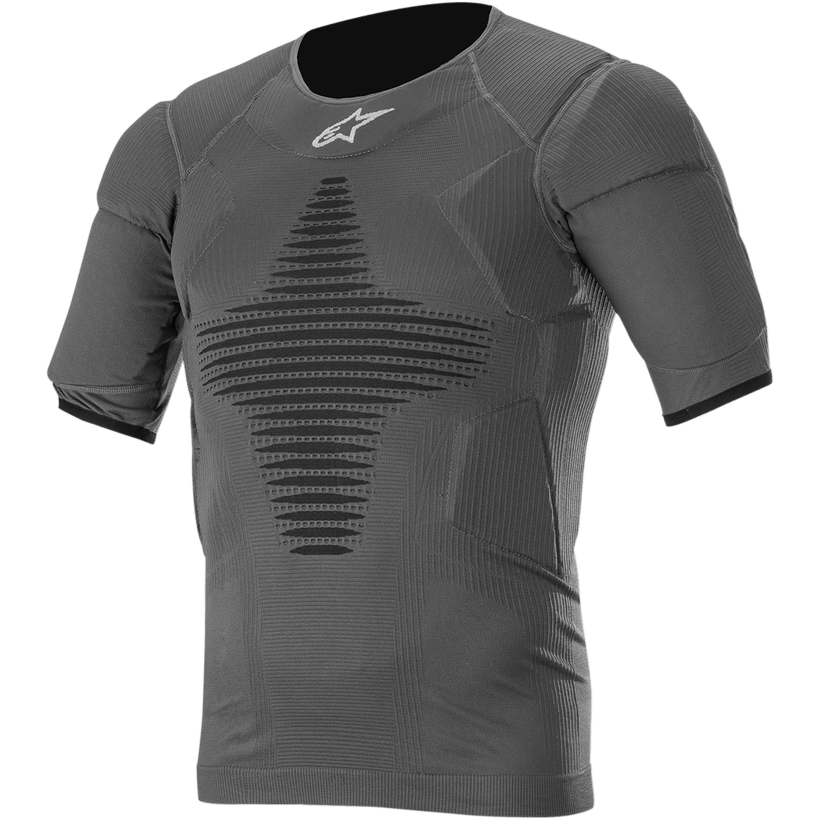 Alpinestars Roost Base Layer Top, Anthracite Black Short-Sleeve Performance Shirt, Textured Ribbed Fabric with Black Geometric Pattern, Fitted Athletic Design for Motocross and Off-Road Riding